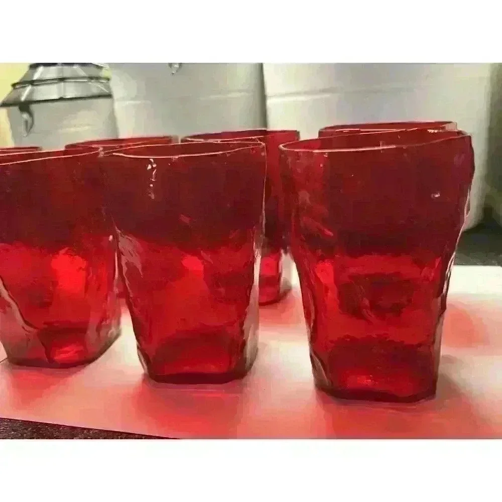 7 Vintage Ruby Red Morgantown Seneca Crinkle Driftwood Juice Mid Century glasses